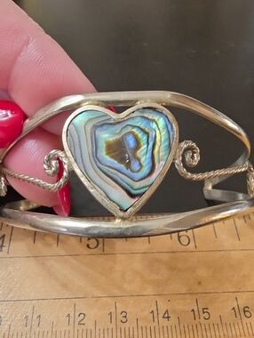 Vtg Heart Abalone Inlay Silver Cuff Bracelet - Iridescent Blue-Green Heart Mexic